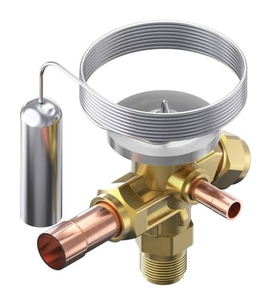 Danfoss TE 2 thermostatic expansion valve, R452A, 3/8 in flare × 12 mm solder, externally equalized, evaporating -40 to -15 °C (code 068Z3662)