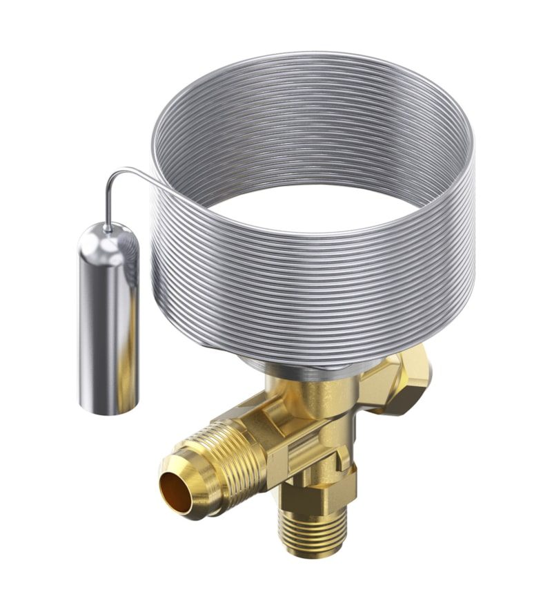 Danfoss T 2 thermostatic expansion valve, R22/R407C, 3/8 in flare × 1/2 in flare, internally equalized, without MOP, evaporating -40 to +10 °C (code 068Z3800)