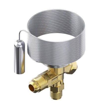 Danfoss T 2 thermostatic expansion valve, R22/R407C, 3/8 in flare × 1/2 in flare, internally equalized, without MOP, evaporating -40 to +10 °C (code 068Z3800)