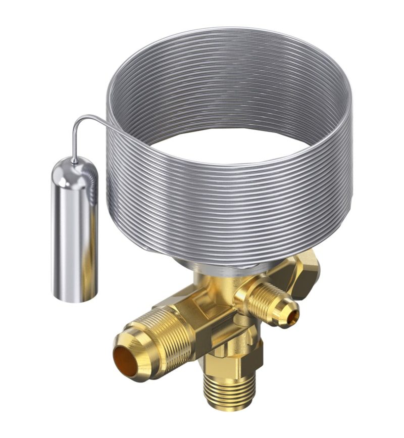 Danfoss TE 2 thermostatic expansion valve, R404A/R507A, 3/8 in flare × 1/2 in flare, externally equalized, evaporating -40 to 10 °C (code 068Z3804)