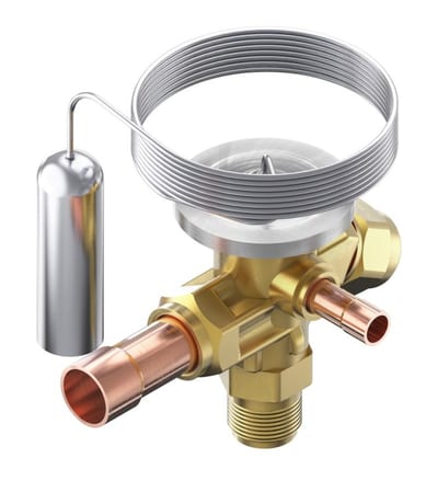 Danfoss TE 2 thermostatic expansion valve, R452A, 3/8 in flare × 1/2 in solder, externally equalized, evaporating -40 to 10 °C