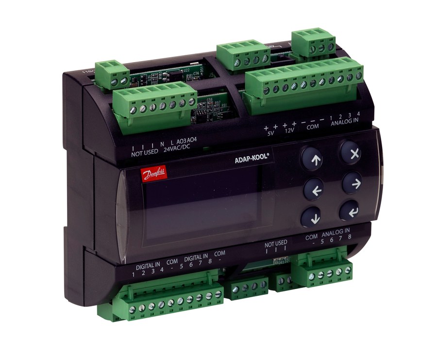 Danfoss AK-PC 551 pack controller, 2 suction + common condenser, 24 V, front display