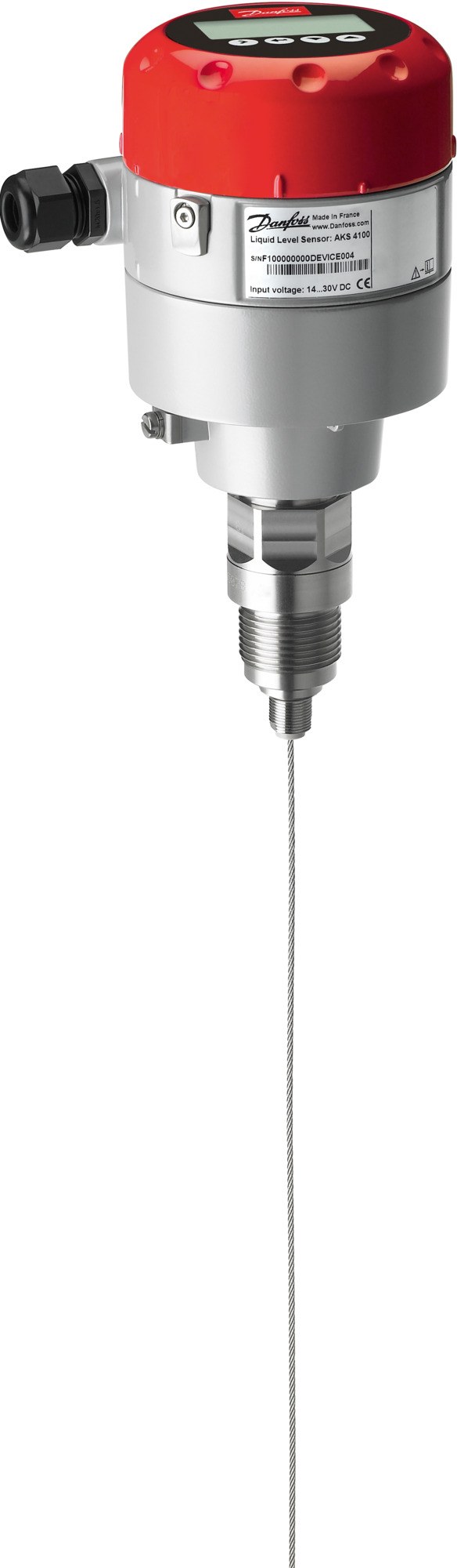 Danfoss AKS 4100U liquid level sensor, Cable version, 5 m (197 in) probe, 3/4 in NPT, HMI display EN/JA/ZH/RU, guided-wave TDR, 4–20 mA (084H4571)