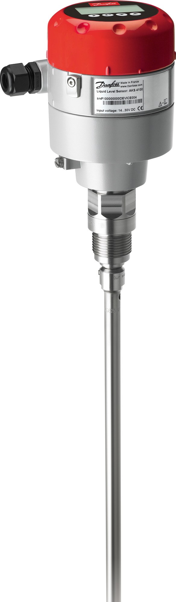 Danfoss AKS 4100U liquid level sensor, Coaxial version (D14), 1143 mm (45 in) probe, 3/4 in NPT, HMI display EN/JA/ZH/RU, guided-wave TDR, 4–20 mA (084H4582)