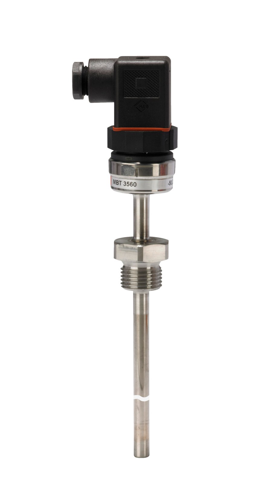 Danfoss MBT 5560 temperature transmitter, Pt 1000, 4-20 mA (0 to +200 C), 100 mm insertion, G 1/2 process connection, PG9 angular (code 084Z4077)