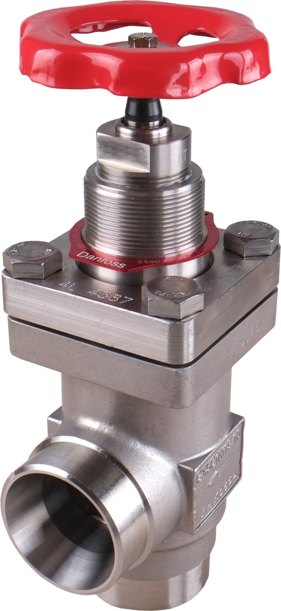 Danfoss SVA-S SS 40 angleway shut-off valve, hand wheel, 40 mm (1 1/2 in) butt weld EN 10220, stainless steel, 52 bar (code 148B5646)