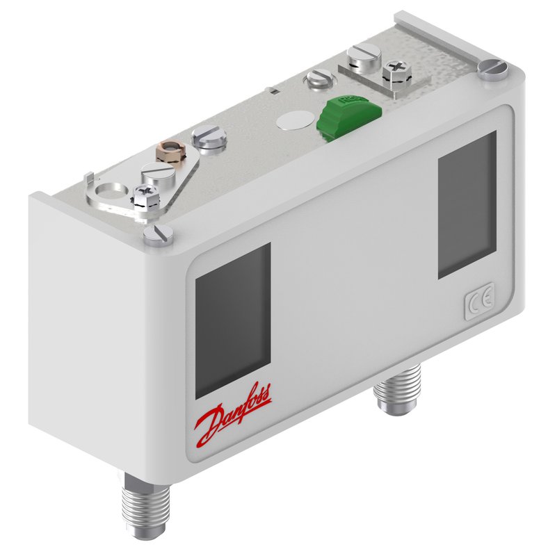 Danfoss KP15 dual pressure switch, LP -0.2 to 7.5 bar auto / HP 8 to 32 bar manual-max, SPDT, 1/4 in flare male