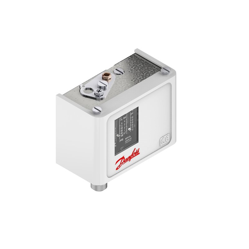 Danfoss KP1A pressure switch, -0.9–7 bar (27 inHg–101 psig), 0.7 bar (10 psi) differential, manual-min reset, SPDT, M12 x 1.5 male, IP30