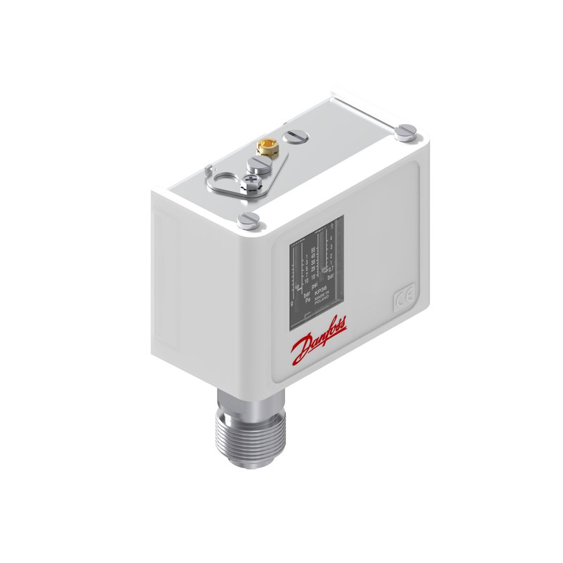 Danfoss KP36 pressure switch, up to 17 bar (245 psig), factory-set 3.5 bar, 0.7 bar (10 psi) differential, automatic reset, SPDT, G 1/2 in, IP30