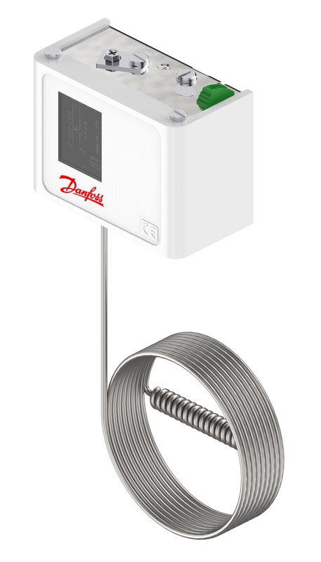 Danfoss KP61 thermostat, -30 to 15 °C, manual (minimum) reset, SPDT, remote air coil 9.5 x 70 mm
