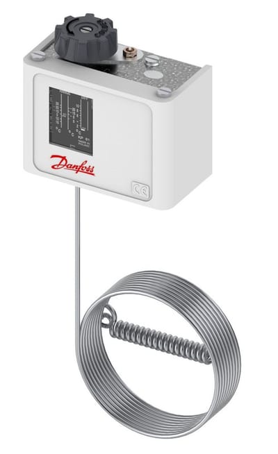 Danfoss KP63 thermostat, -50 to 10 °C, automatic, SPDT, remote air coil 9.5 x 70 mm