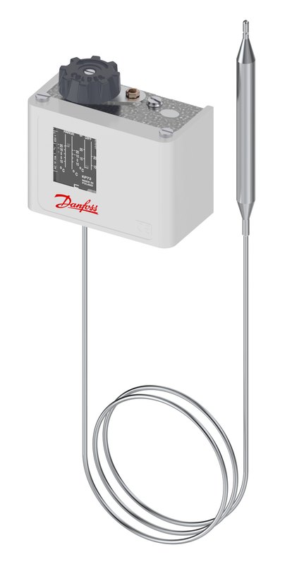 Danfoss KP71 thermostat, -5 to 20 °C, automatic, SPDT, remote bulb 9.5 x 115 mm