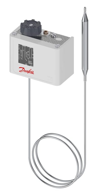 Danfoss KP71 thermostat, -5 to 20 °C, automatic, SPDT, remote bulb 9.5 x 115 mm