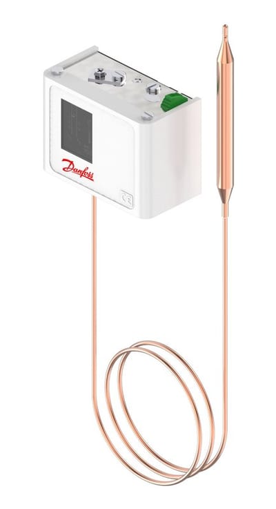Danfoss KP71 thermostat, -5 to 20 °C, manual (minimum) reset, SPDT, remote bulb 9.5 x 115 mm