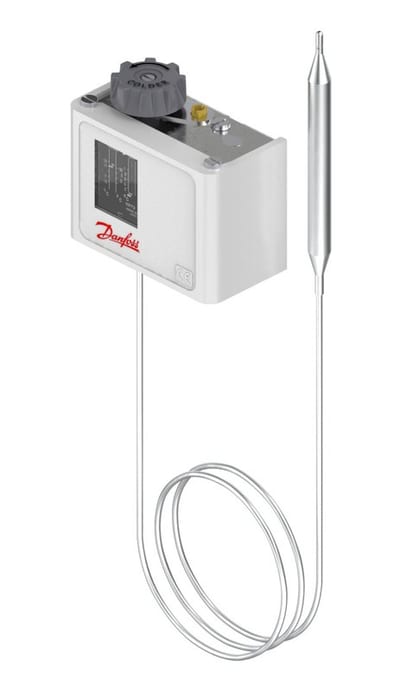 Danfoss KP73 thermostat, -26 to 15 °C, automatic reset, double-contact remote sensor