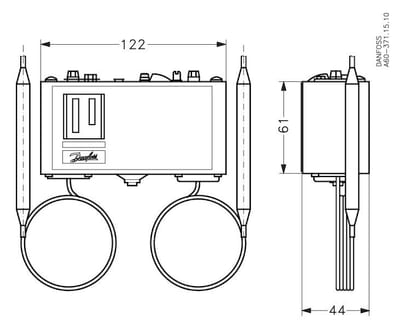Danfoss KP98 thermostat, 60 to 120 °C / 100 to 180 °C (dual range), manual (maximum) reset, 2 x SPST, remote bulb 9.5 x 115 mm