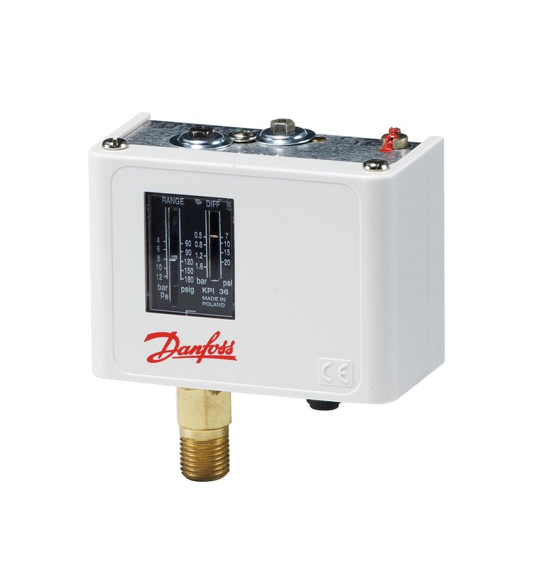 Danfoss KPI36 pressure switch, 4–12 bar (58–174 psig), 0.5–1.6 bar (7–23 psi) differential, automatic reset, SPDT, 1/4-18 NPT, IP30