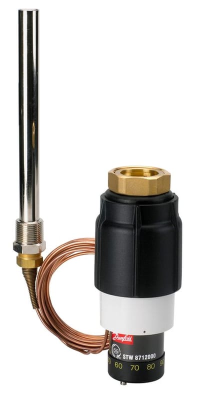 Danfoss STM safety temperature monitor (self-acting), limit range 30 – 110 °C, sensor 210 mm × Ø16 mm, capillary 5 m, sensor connection M22X1 / R 3/4 ext. thread acc. DIN 2999, PN 25, for AVQT/AVQMT/VG(S) self-acting valves