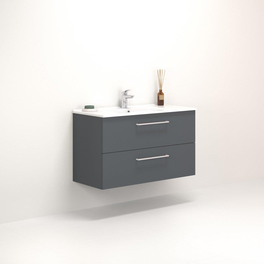 Dansani Mido+ Furniture package matt grey - melamine-coated, 1010mm, 604mm, 455mm, grey, assembled, 2 drawers, centre-placed tap hole, grip yes, 1 basin