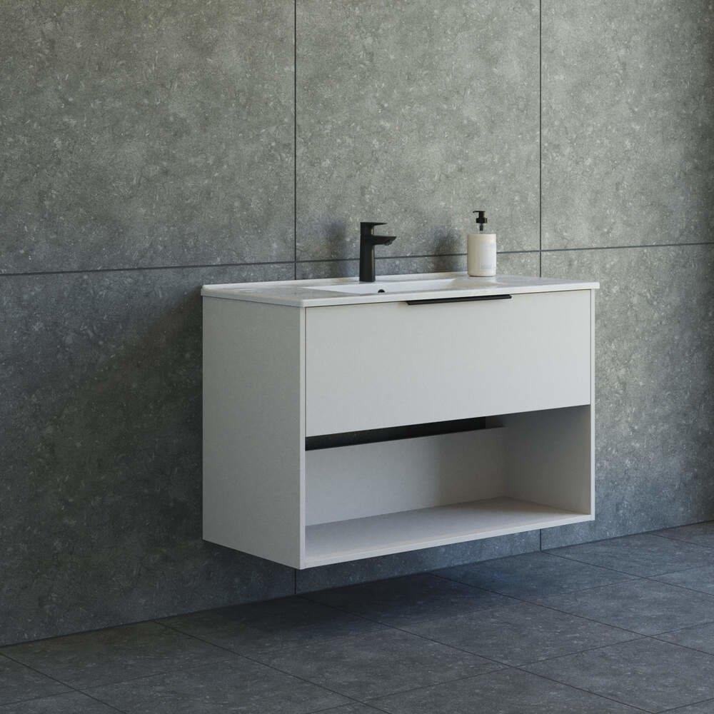 Dansani Mido+ Furniture package matt sand-coloured - melamine-coated, 1010mm, 658mm, 455mm, sand-coloured, assembled, 1 drawer + 1 shelf, centre-placed tap hole, grip yes, 1 basin