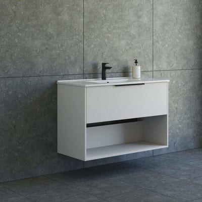 Dansani Mido+ Furniture package matt sand-coloured - melamine-coated, 1010mm, 658mm, 455mm, sand-coloured, assembled, 1 drawer + 1 shelf, centre-placed tap hole, grip yes, 1 basin