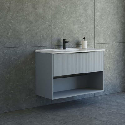 Dansani Mido+ Furniture package matt light blue - melamine-coated, 1010mm, 658mm, 455mm, blue, assembled, 1 drawer + 1 shelf, centre-placed, yes, 1 basin