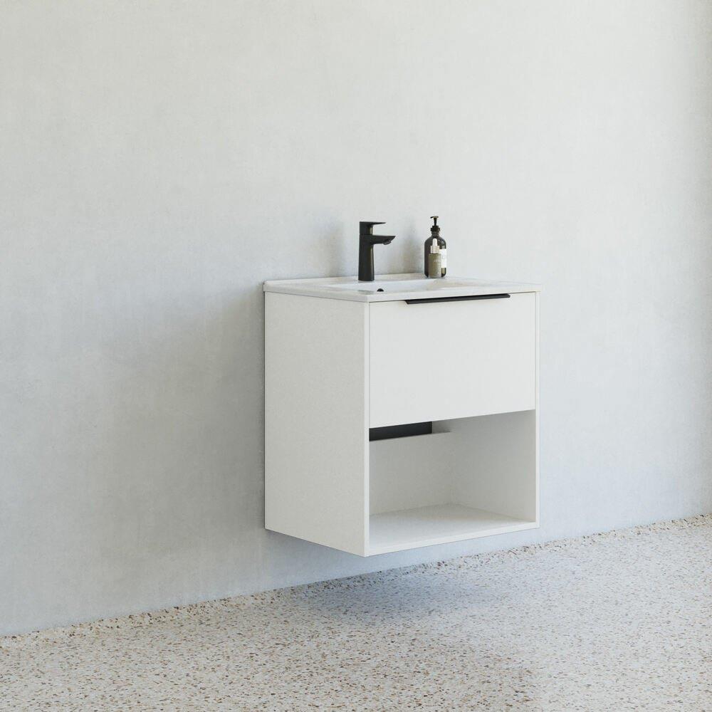 Dansani Mido+ Furniture Package - Melamine-coated, 610mm x 658mm x 455mm, Matte White, Assembled, 1 Drawer + 1 Shelf, Single Basin