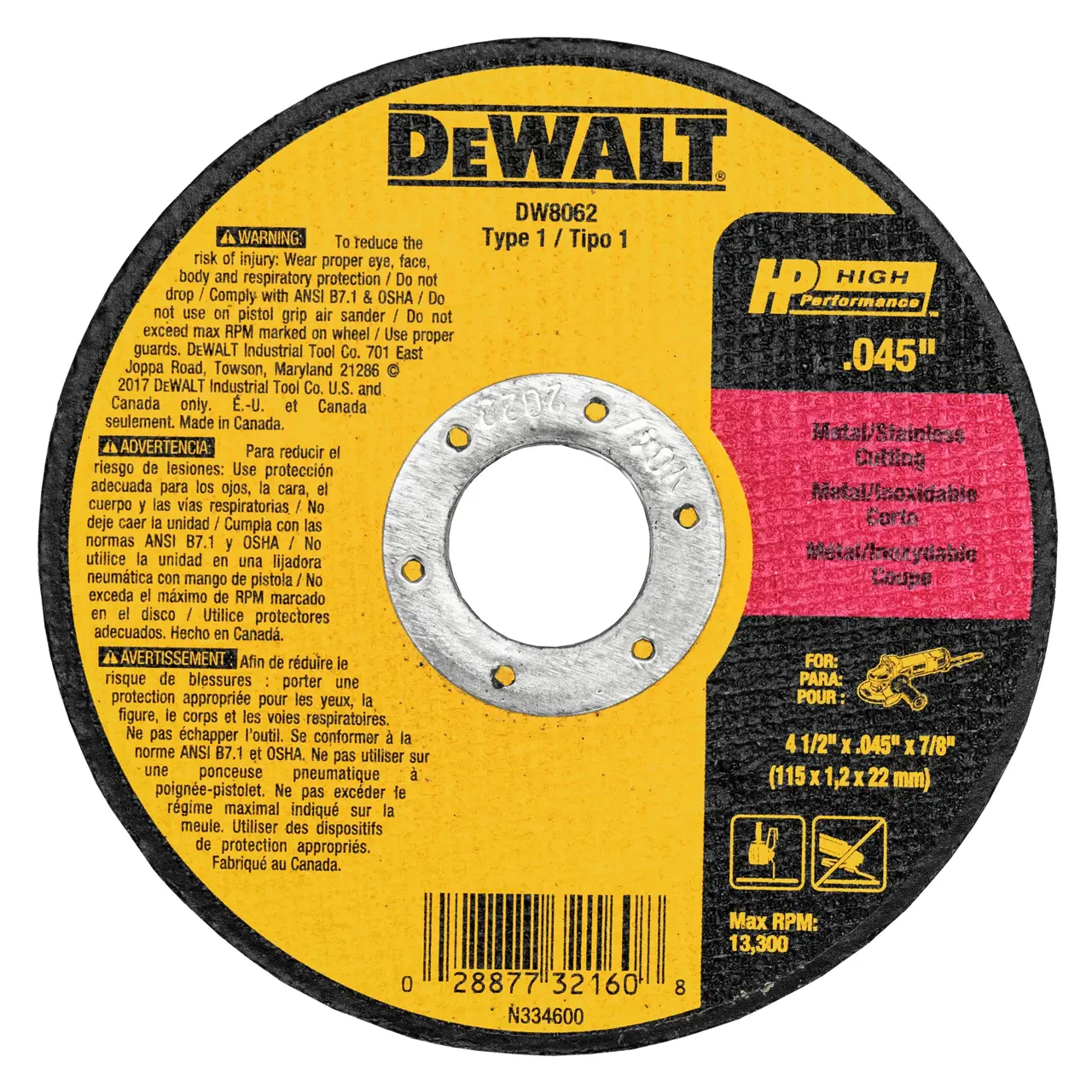 4-1/2 in X .045 in Aluminum Oxide Abrasive Chop / Cut-Off Blade with 7/8 in Arbor for Metal Cutting (5 Pack)