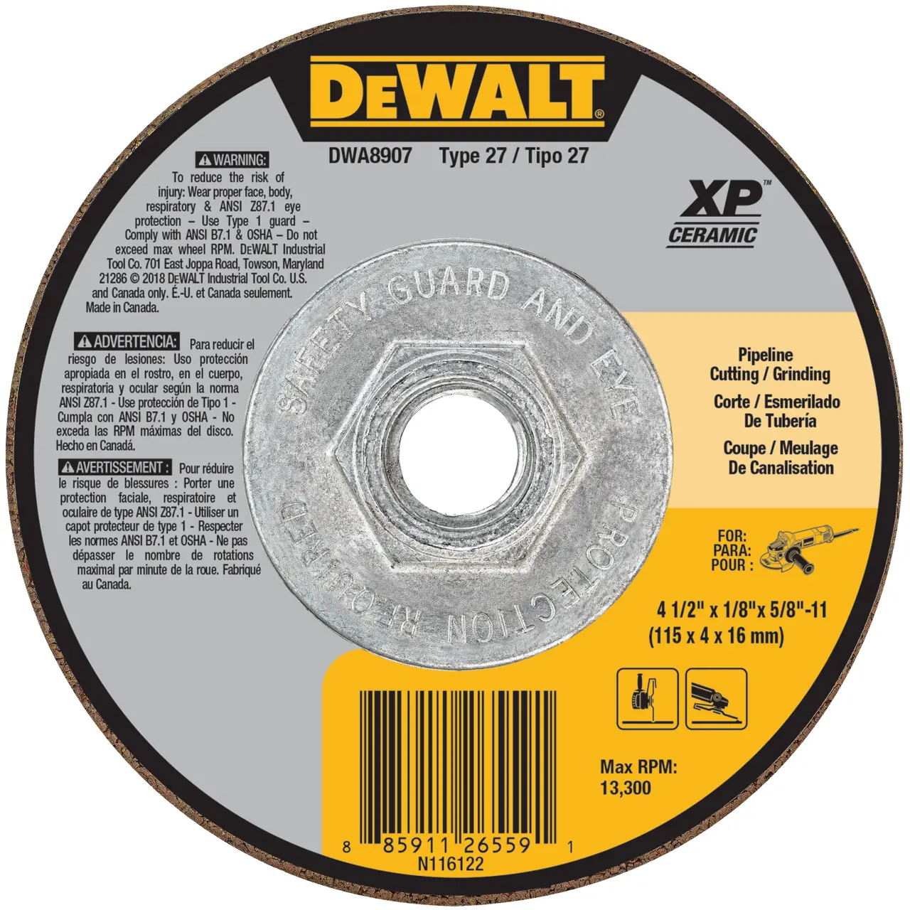 4-1/2-IN. X 1/8-IN. X 5/8-IN.-11 T27 ceramic pipeline cutting & grinding wheel