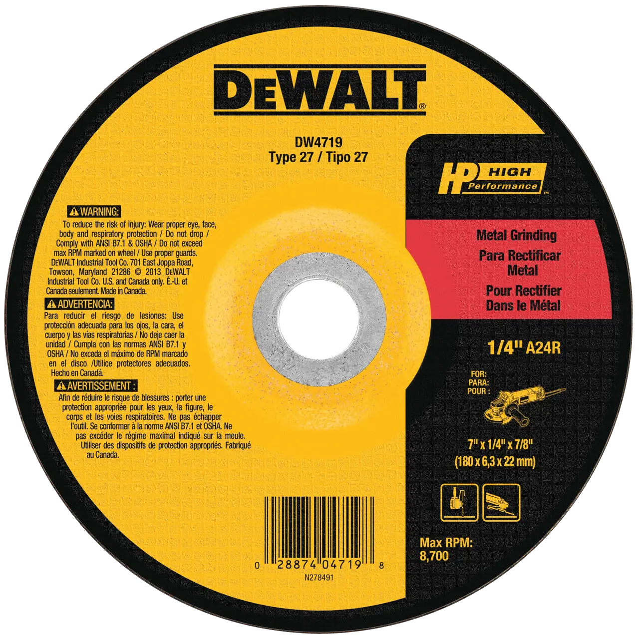 7-IN. X 1/4-IN. X 7/8-IN. High Performance Metal Grinding Wheel