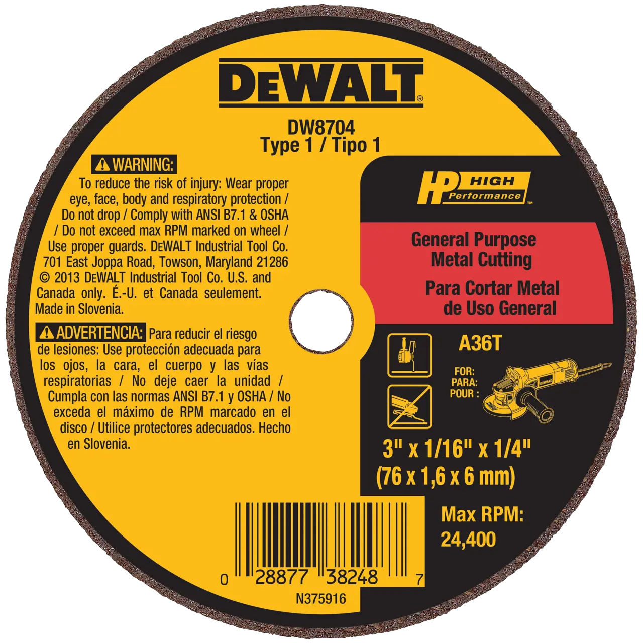 DEWALT® 3-IN. x 1/16-IN. x 1/4-IN. A36T Fast Cutting Wheel