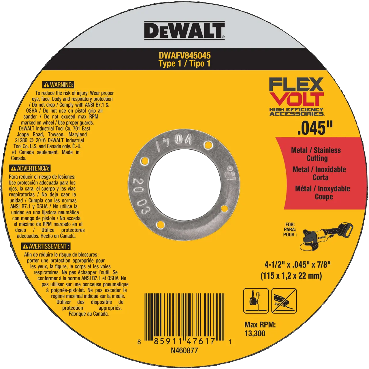 Flexvolt 4-1/2-IN. X .045-IN. X 7/8-IN. T1 cutting wheel for metal & stainless