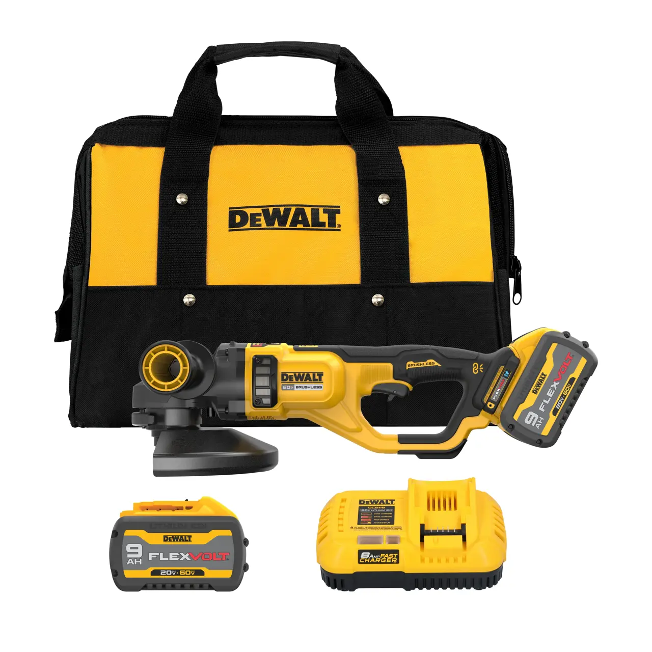 FLEXVOLT 60V MAX* 7-IN. - 9-IN. (178mm - 230mm) Cordless Large Angle Grinder with (2) 9.0 Ah Batteries and Charger