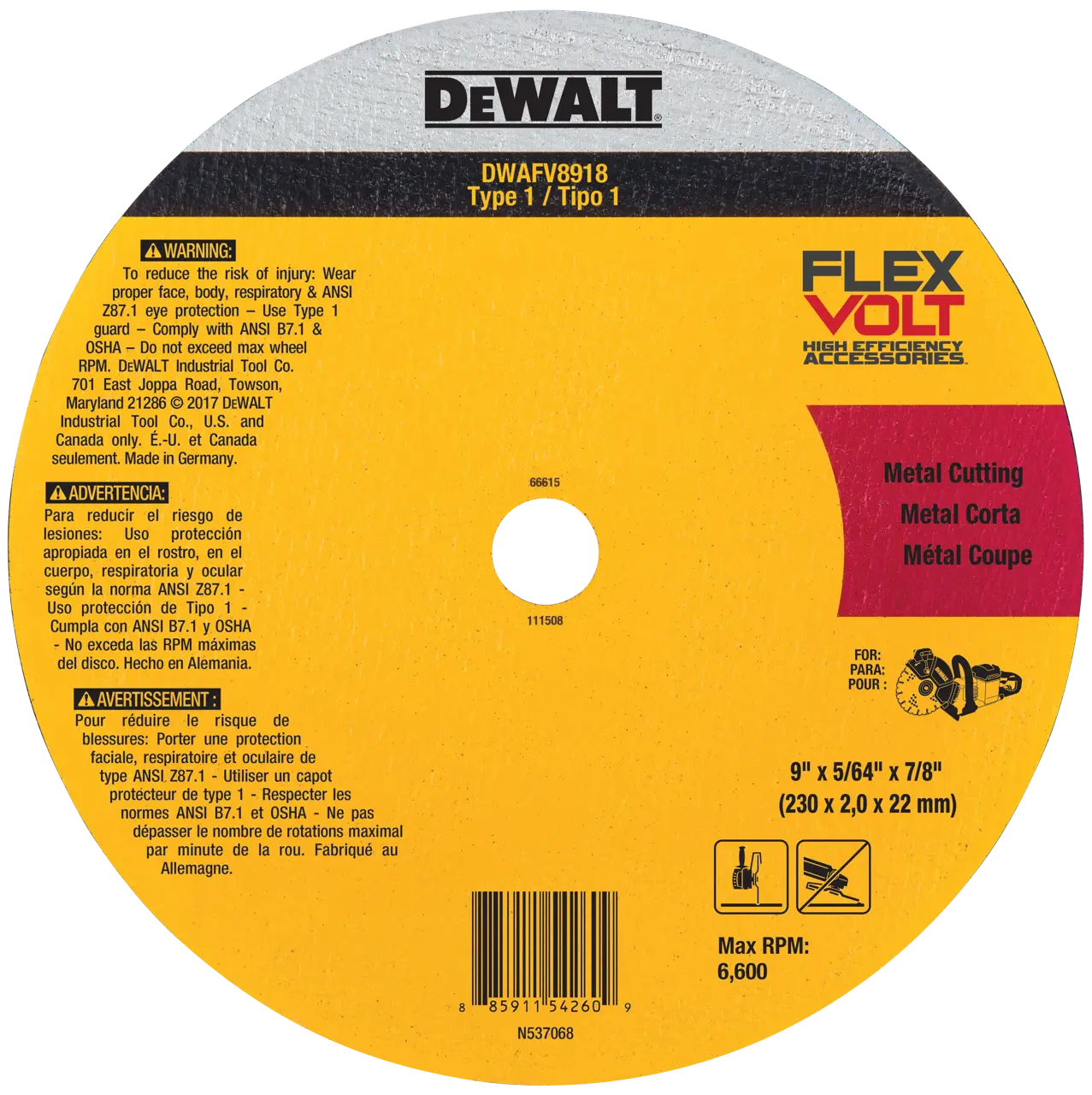 Flexvolt 9-IN. (230mm) Ceramic Metal Cut-off Wheel