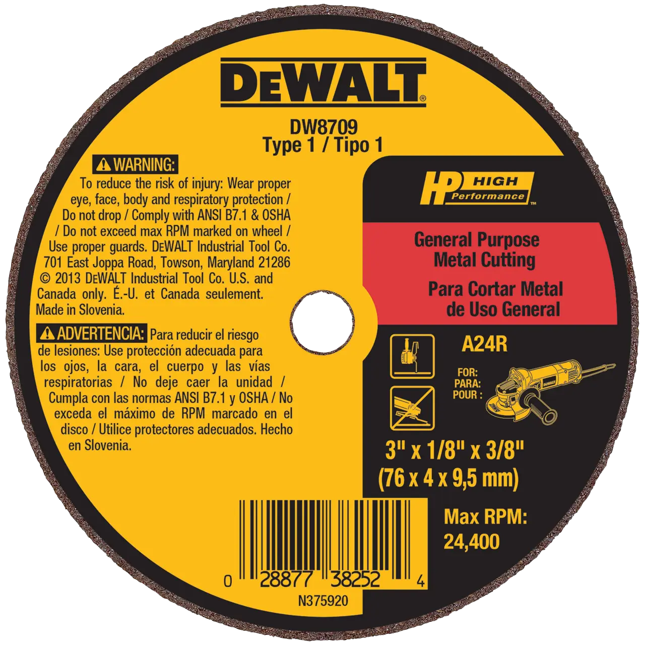 Hp 3-IN. X 1/8-IN. X 3/8-IN. A24R Metal & Stainless Cutting & Grinding Wheel