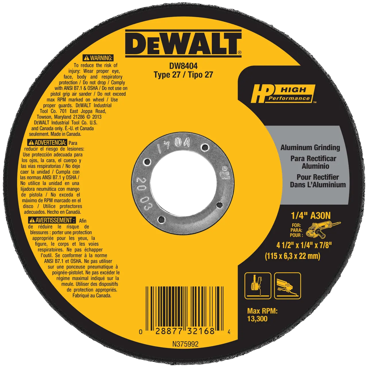 HP 4-1/2-IN. X 1/4-IN. X 7/8-IN. Aluminum Grinding Wheel