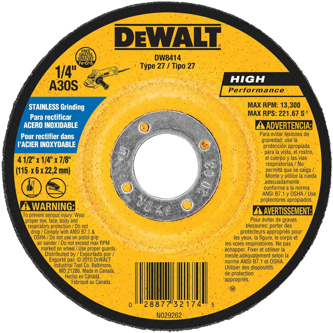 HP 4-1/2-IN. X 1/4-IN. X 7/8-IN. Stainless Steel Grinding Wheel