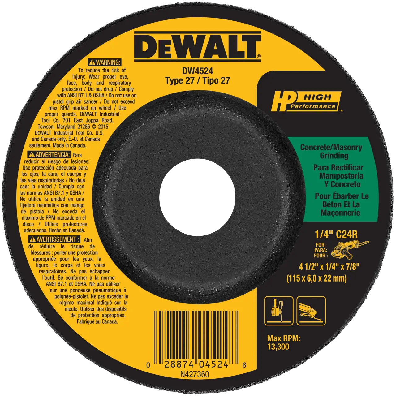 HP 4-1/2-IN. X 1/4-IN. X 7/8-IN. T27 Silicon Carbide Grinding Wheel for Concrete & Masonry