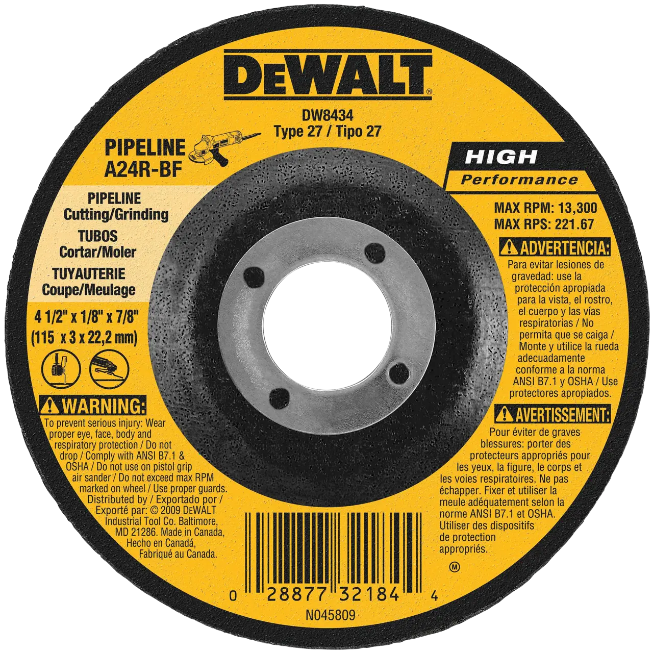 Hp 4-1/2-IN. X 1/8-IN. X 7/8-IN. Metal Pipeline Grinding Wheel