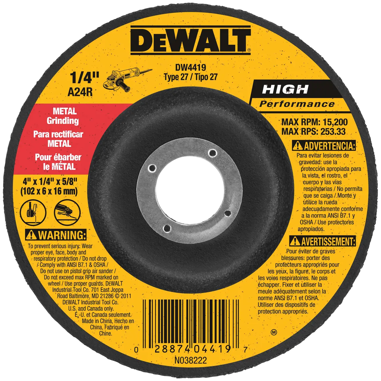 Hp 4-IN. X 1/4-IN. X 5/8-IN. T27 Metal Grinding Wheel