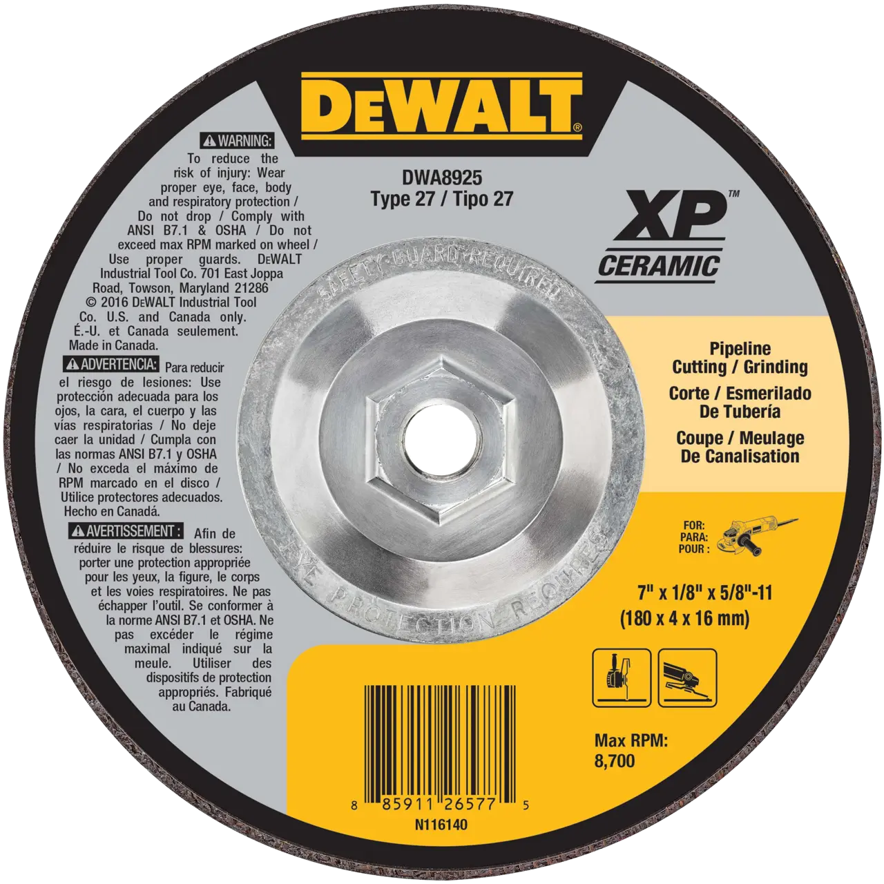 XP™ 7-IN. X 1/8-IN. X 5/8-IN.-11 T27 ceramic pipeline cutting & grinding wheel