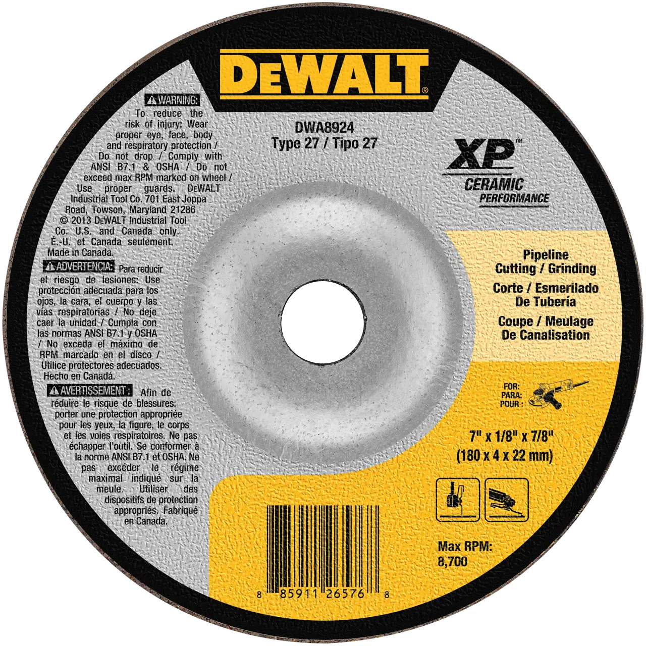 XP™ 7-IN. X 1/8-IN. X 7/8-IN. T27 ceramic pipeline cutting & grinding wheel