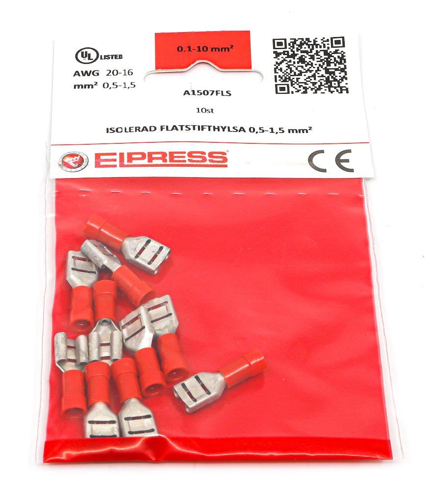 Elpress A1507FLS-CP Spade Sleeve - 0,5 - 1,5 mm², 6,3 x 0,8mm, Fully insulated, brass - PC ( Polycarbonat ), red