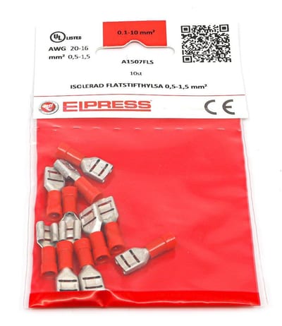 Elpress A1507FLS-CP Spade Sleeve - 0,5 - 1,5 mm², 6,3 x 0,8mm, Fully insulated, brass - PC ( Polycarbonat ), red