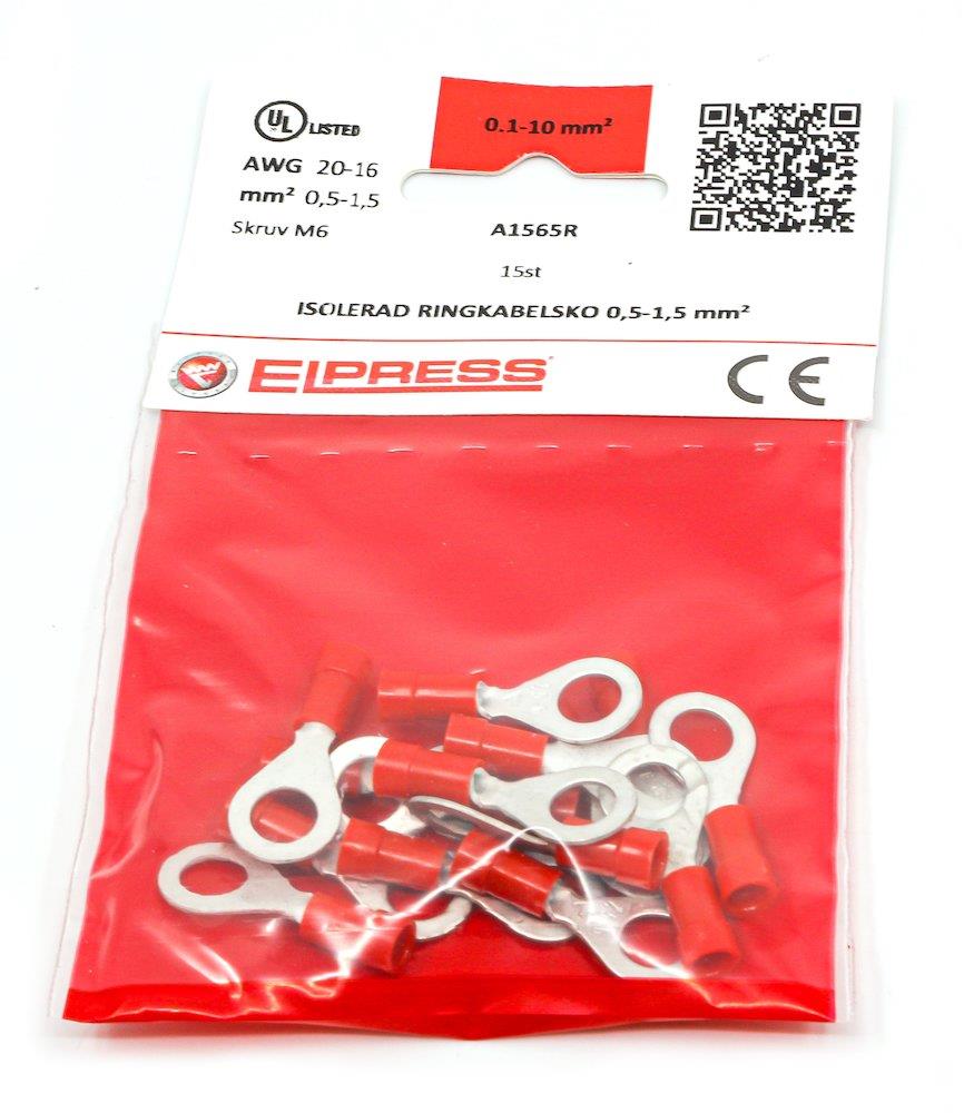 Elpress A1565R-CP Ring Cable Lug - 0,75 - 1,5 mm², 6mm, red, Insulated, PC-Cu ( Polycarbonat / copper )