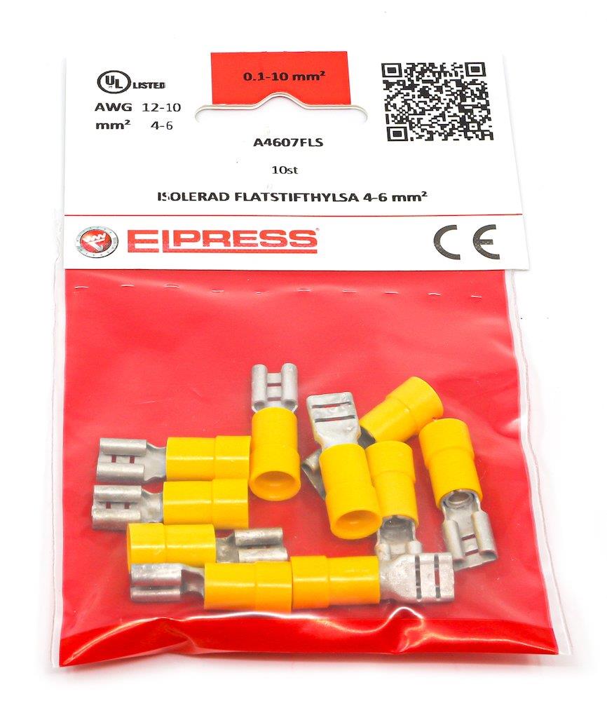 Elpress A4607FLS-CP Spade Sleeve - 4 - 6 mm², 6,3 x 0,8mm, Fully insulated, brass - PC ( Polycarbonat ), yellow