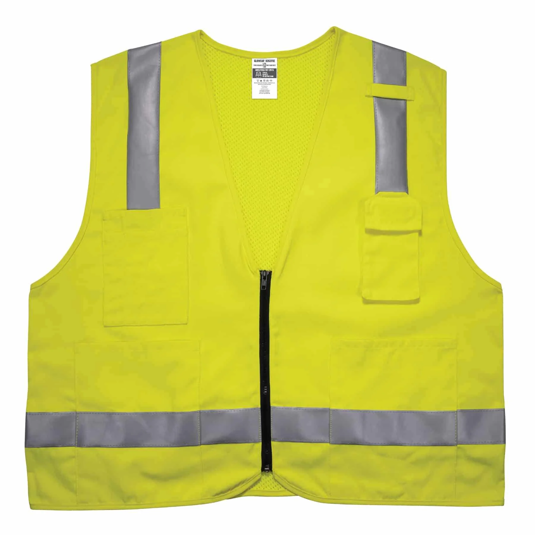 GloWear 8262FRZ Hi-Vis FR Surveyor Vest - Class 2, NFPA 70E, Solid Front, Mesh Back, Zipper
