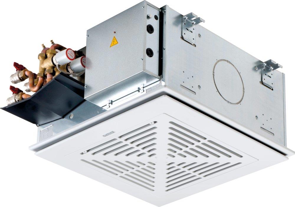 Eurapo UCS 621 cassette fan coil, 4-way discharge for 600 x 600 mm false ceilings, EC inverter motor, 2-way on/off valve, 2.85 kW cooling, 2.99 kW heating, 22–45 dB(A), ESTUCS621+OPT V2 2W