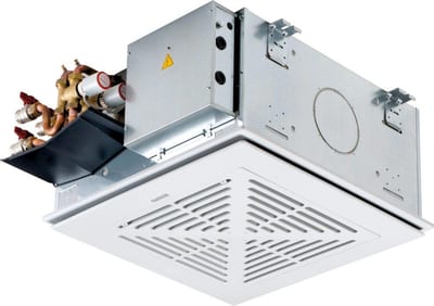 Eurapo UCS 621 cassette fan coil, 4-way discharge for 600 x 600 mm false ceilings, EC inverter motor, 2-way on/off valve, 2.85 kW cooling, 2.99 kW heating, 22–45 dB(A), ESTUCS621+OPT V2 2W