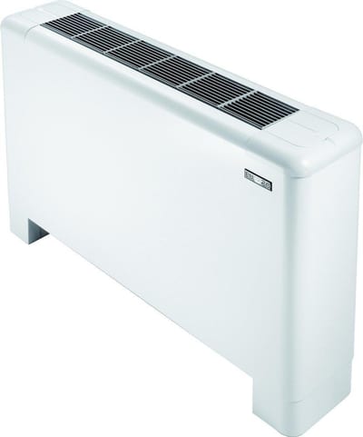 Eurapo Sigma 522 fan coil, vertical floor-standing, frontal air intake, EC inverter motor, 3-row coil, 2-way on/off valve, 5.81 kW cooling, 6.53 kW heating, 29–52 dB(A), ESTSV/AF522-3R+OPTV22W
